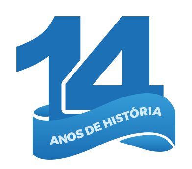 Número 14 com faixa azul escrita ANOS DE HISTÓRIA